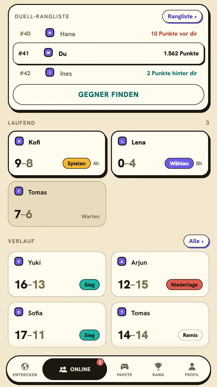 Der Duell-Bildschirm mit Rangliste, laufenden Duellen und früheren Ergebnissen