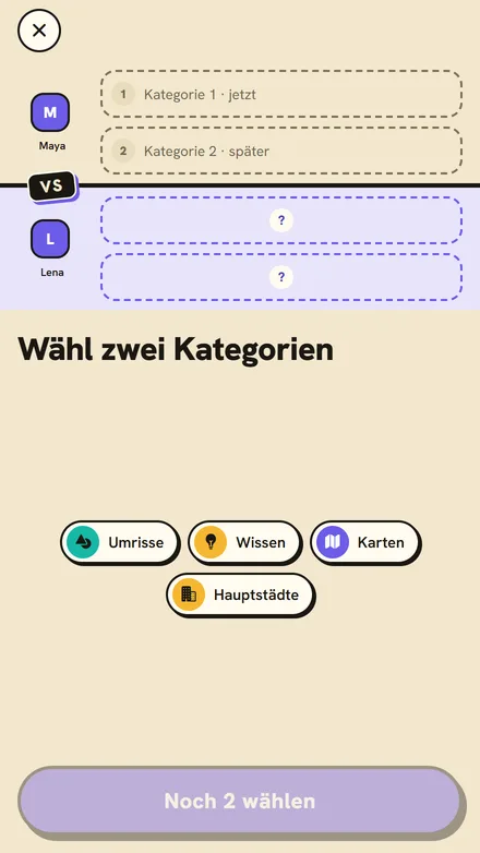 Zwei Kategorien wählen zu Beginn eines Duells