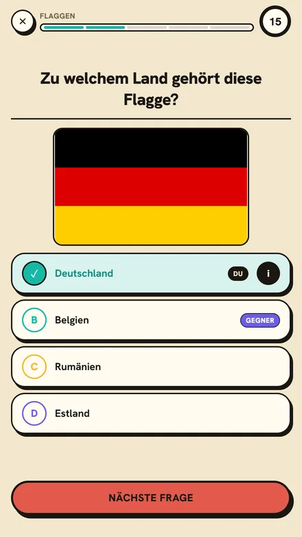 Eine Flaggenfrage mit deiner Antwort und der Antwort deines Gegners