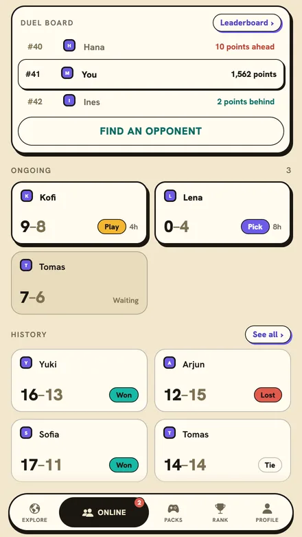 The Duels screen with the duel board, duels in play and past results