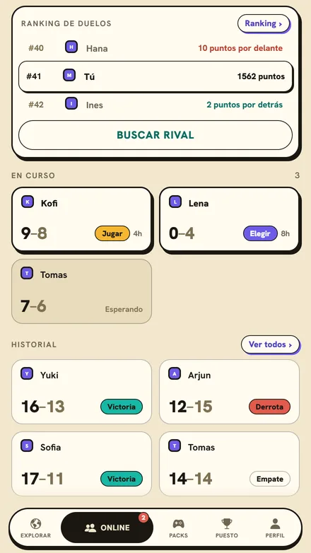 La pantalla de duelos con la clasificación, los duelos en curso y los resultados anteriores