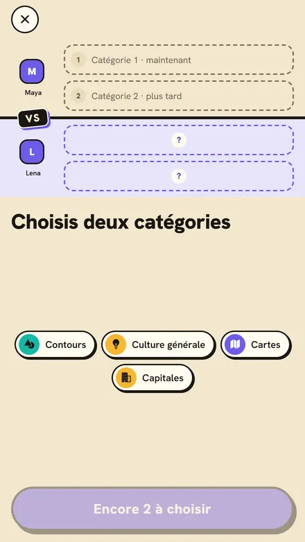 Choisir deux catégories au début d’un duel