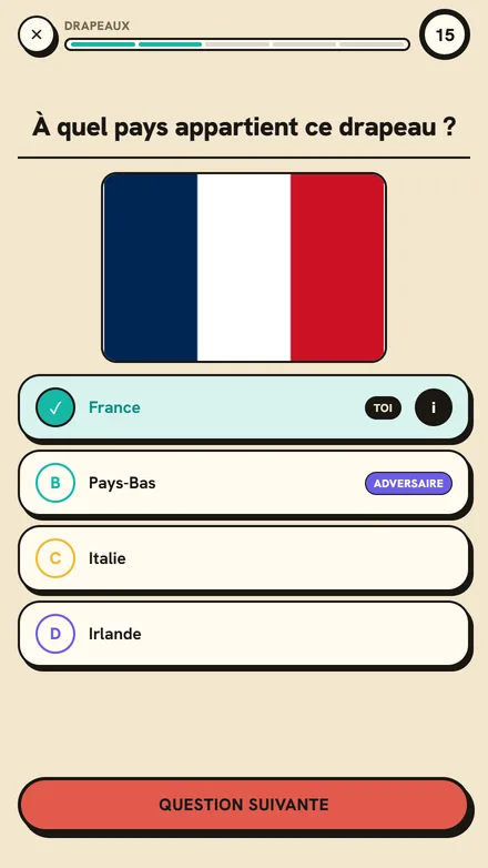 Une question sur un drapeau avec ta réponse et celle de ton adversaire